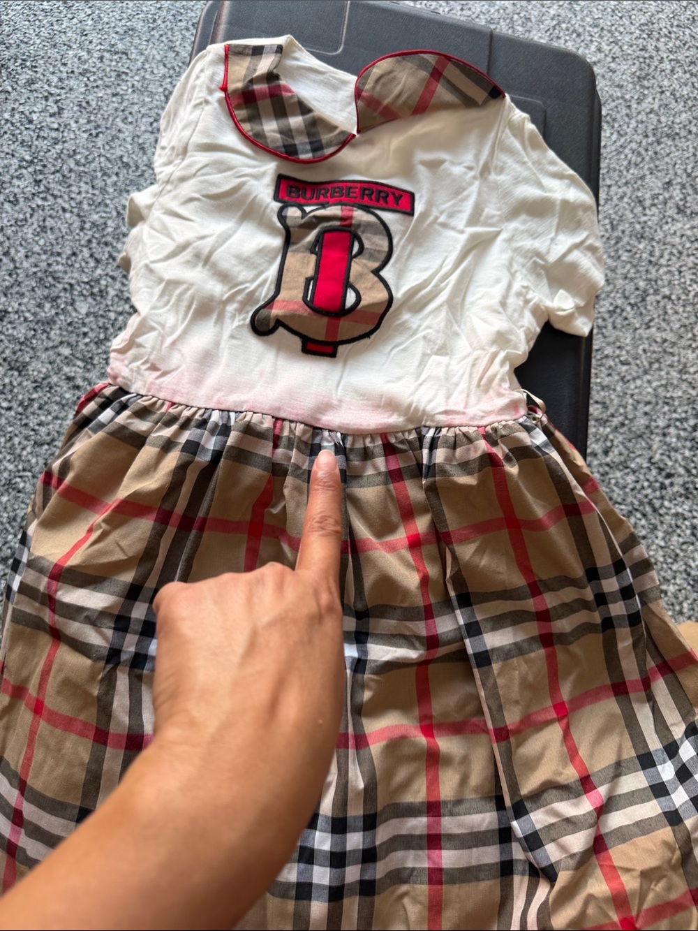 White, Beige and Red Plaid Girls' Dress with Logo as is merchandise missing belt